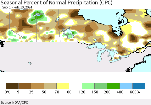 Canada Seasonal Percent of Normal Precipitation (CPC) Thematic Map For 9/1/2023 - 2/10/2024