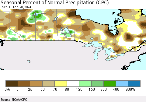 Canada Seasonal Percent of Normal Precipitation (CPC) Thematic Map For 9/1/2023 - 2/20/2024