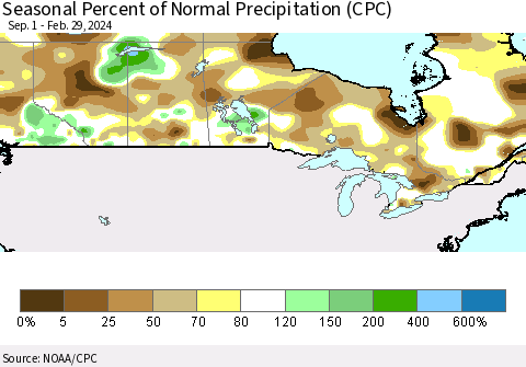 Canada Seasonal Percent of Normal Precipitation (CPC) Thematic Map For 9/1/2023 - 2/29/2024