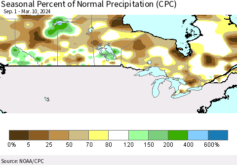 Canada Seasonal Percent of Normal Precipitation (CPC) Thematic Map For 9/1/2023 - 3/10/2024