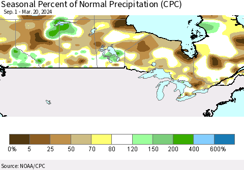 Canada Seasonal Percent of Normal Precipitation (CPC) Thematic Map For 9/1/2023 - 3/20/2024