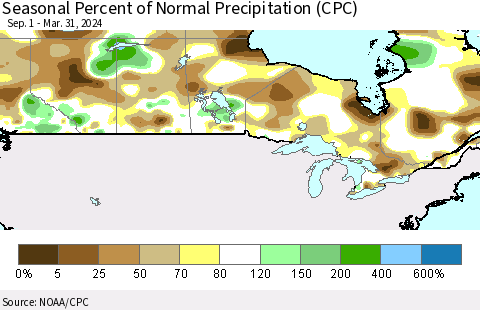 Canada Seasonal Percent of Normal Precipitation (CPC) Thematic Map For 9/1/2023 - 3/31/2024