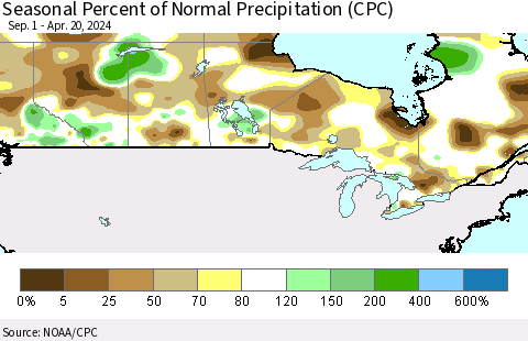 Canada Seasonal Percent of Normal Precipitation (CPC) Thematic Map For 9/1/2023 - 4/20/2024