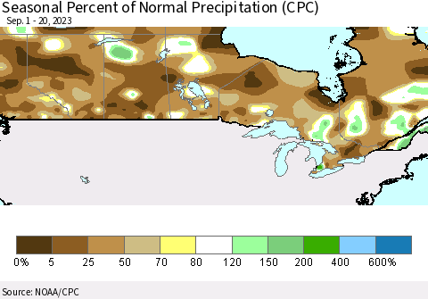 Canada Seasonal Percent of Normal Precipitation (CPC) Thematic Map For 9/1/2023 - 9/20/2023