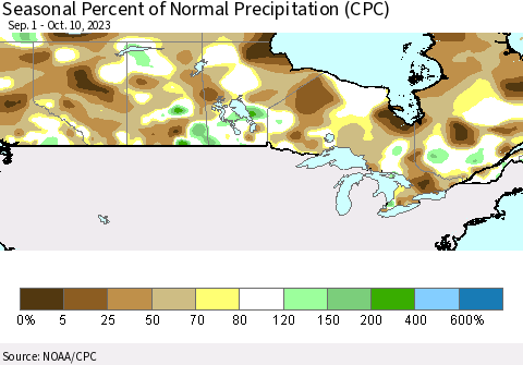 Canada Seasonal Percent of Normal Precipitation (CPC) Thematic Map For 9/1/2023 - 10/10/2023