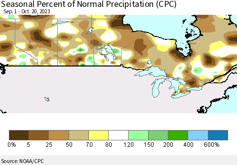 Canada Seasonal Percent of Normal Precipitation (CPC) Thematic Map For 9/1/2023 - 10/20/2023