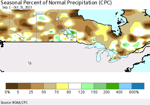 Canada Seasonal Percent of Normal Precipitation (CPC) Thematic Map For 9/1/2023 - 10/31/2023