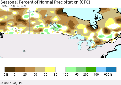 Canada Seasonal Percent of Normal Precipitation (CPC) Thematic Map For 9/1/2023 - 11/10/2023