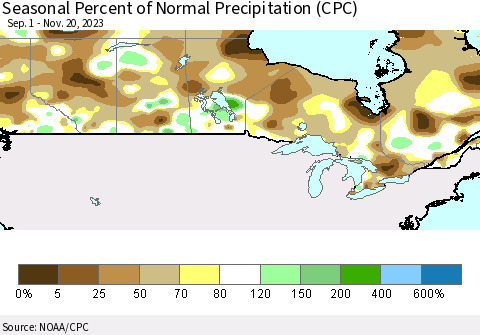 Canada Seasonal Percent of Normal Precipitation (CPC) Thematic Map For 9/1/2023 - 11/20/2023