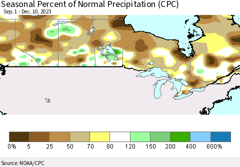 Canada Seasonal Percent of Normal Precipitation (CPC) Thematic Map For 9/1/2023 - 12/10/2023