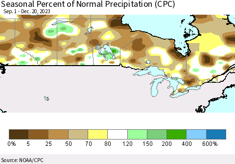 Canada Seasonal Percent of Normal Precipitation (CPC) Thematic Map For 9/1/2023 - 12/20/2023