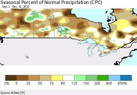 Canada Seasonal Percent of Normal Precipitation (CPC) Thematic Map For 9/1/2023 - 12/31/2023