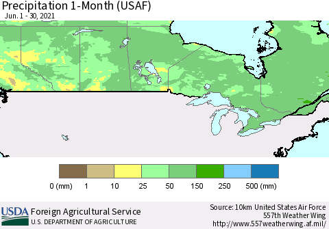 Canada Precipitation 1-Month (USAF) Thematic Map For 6/1/2021 - 6/30/2021