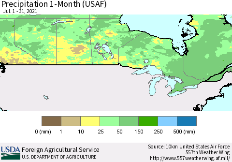 Canada Precipitation 1-Month (USAF) Thematic Map For 7/1/2021 - 7/31/2021