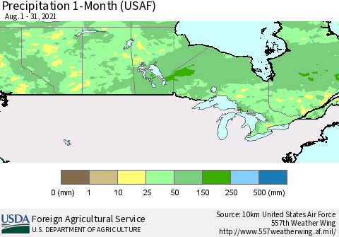 Canada Precipitation 1-Month (USAF) Thematic Map For 8/1/2021 - 8/31/2021
