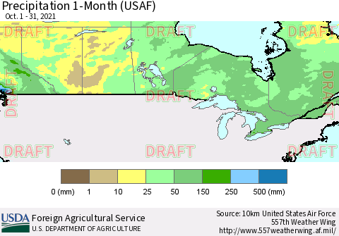 Canada Precipitation 1-Month (USAF) Thematic Map For 10/1/2021 - 10/31/2021