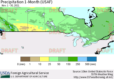Canada Precipitation 1-Month (USAF) Thematic Map For 11/1/2021 - 11/30/2021