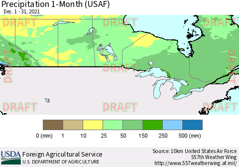 Canada Precipitation 1-Month (USAF) Thematic Map For 12/1/2021 - 12/31/2021