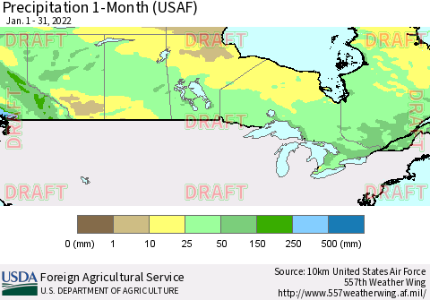 Canada Precipitation 1-Month (USAF) Thematic Map For 1/1/2022 - 1/31/2022