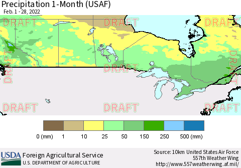 Canada Precipitation 1-Month (USAF) Thematic Map For 2/1/2022 - 2/28/2022