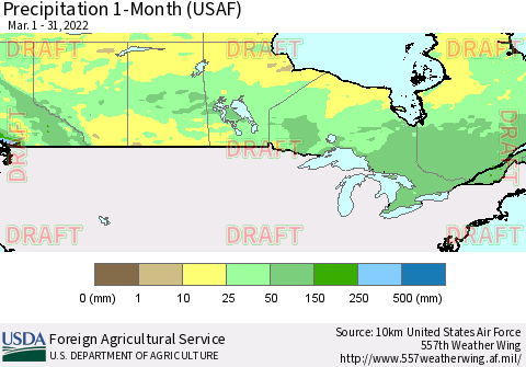 Canada Precipitation 1-Month (USAF) Thematic Map For 3/1/2022 - 3/31/2022