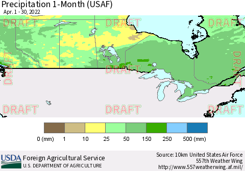 Canada Precipitation 1-Month (USAF) Thematic Map For 4/1/2022 - 4/30/2022