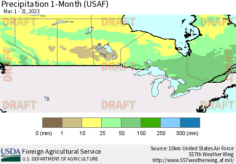 Canada Precipitation 1-Month (USAF) Thematic Map For 3/1/2023 - 3/31/2023