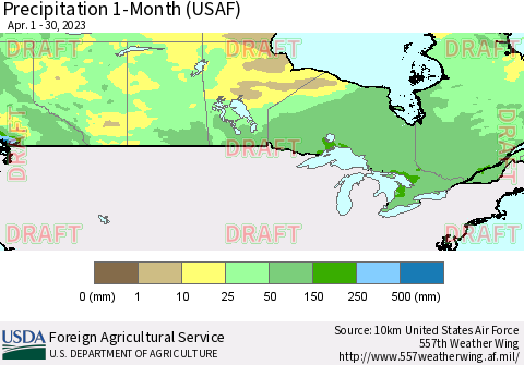 Canada Precipitation 1-Month (USAF) Thematic Map For 4/1/2023 - 4/30/2023