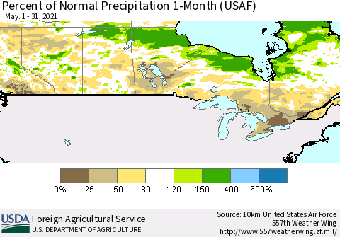Canada Percent of Normal Precipitation 1-Month (USAF) Thematic Map For 5/1/2021 - 5/31/2021