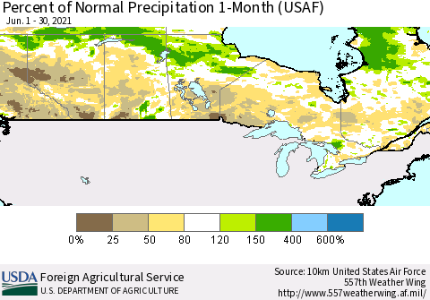 Canada Percent of Normal Precipitation 1-Month (USAF) Thematic Map For 6/1/2021 - 6/30/2021
