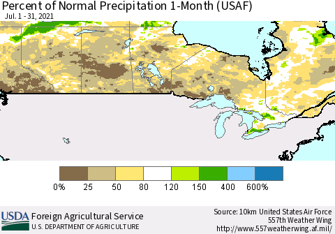 Canada Percent of Normal Precipitation 1-Month (USAF) Thematic Map For 7/1/2021 - 7/31/2021