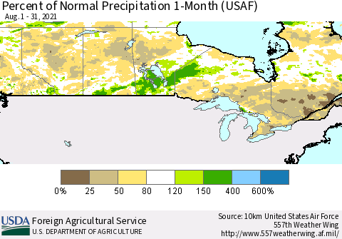 Canada Percent of Normal Precipitation 1-Month (USAF) Thematic Map For 8/1/2021 - 8/31/2021