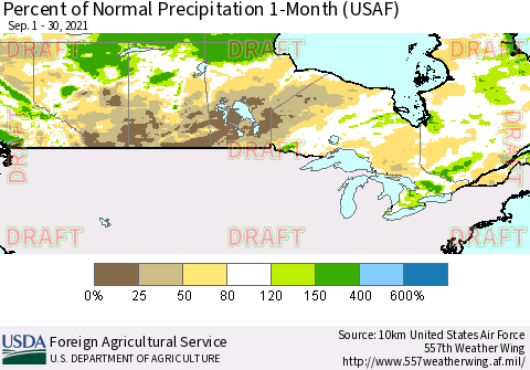 Canada Percent of Normal Precipitation 1-Month (USAF) Thematic Map For 9/1/2021 - 9/30/2021