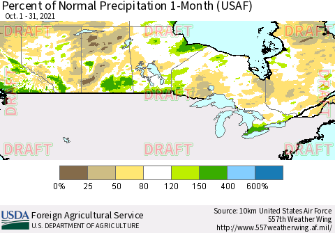 Canada Percent of Normal Precipitation 1-Month (USAF) Thematic Map For 10/1/2021 - 10/31/2021