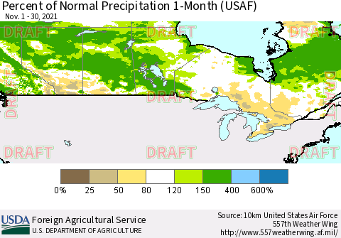Canada Percent of Normal Precipitation 1-Month (USAF) Thematic Map For 11/1/2021 - 11/30/2021