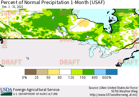 Canada Percent of Normal Precipitation 1-Month (USAF) Thematic Map For 12/1/2021 - 12/31/2021