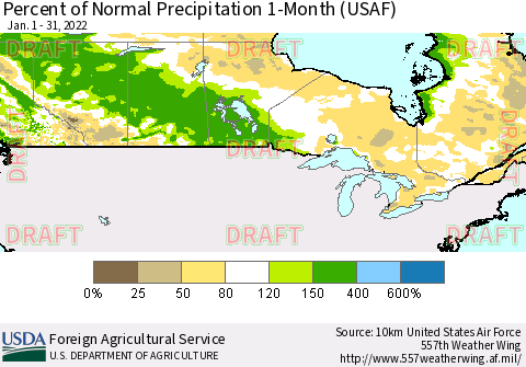 Canada Percent of Normal Precipitation 1-Month (USAF) Thematic Map For 1/1/2022 - 1/31/2022