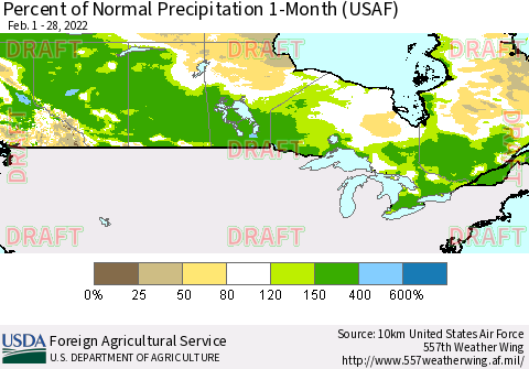 Canada Percent of Normal Precipitation 1-Month (USAF) Thematic Map For 2/1/2022 - 2/28/2022
