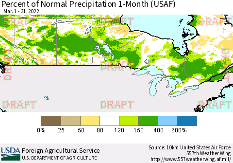 Canada Percent of Normal Precipitation 1-Month (USAF) Thematic Map For 3/1/2022 - 3/31/2022
