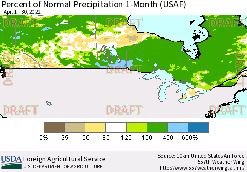 Canada Percent of Normal Precipitation 1-Month (USAF) Thematic Map For 4/1/2022 - 4/30/2022