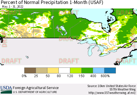 Canada Percent of Normal Precipitation 1-Month (USAF) Thematic Map For 5/1/2022 - 5/31/2022