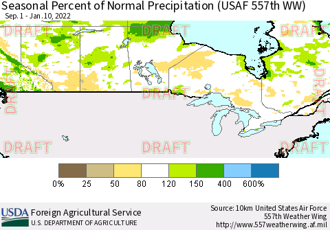 Canada Seasonal Percent of Normal Precipitation (USAF 557th WW) Thematic Map For 9/1/2021 - 1/10/2022