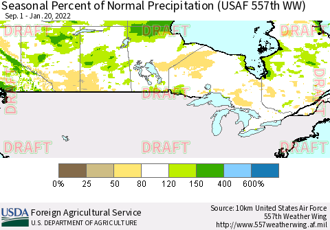 Canada Seasonal Percent of Normal Precipitation (USAF 557th WW) Thematic Map For 9/1/2021 - 1/20/2022