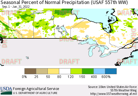 Canada Seasonal Percent of Normal Precipitation (USAF 557th WW) Thematic Map For 9/1/2021 - 1/31/2022