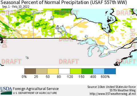 Canada Seasonal Percent of Normal Precipitation (USAF 557th WW) Thematic Map For 9/1/2021 - 2/10/2022