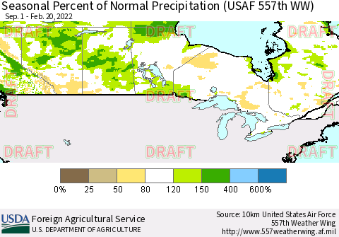 Canada Seasonal Percent of Normal Precipitation (USAF 557th WW) Thematic Map For 9/1/2021 - 2/20/2022