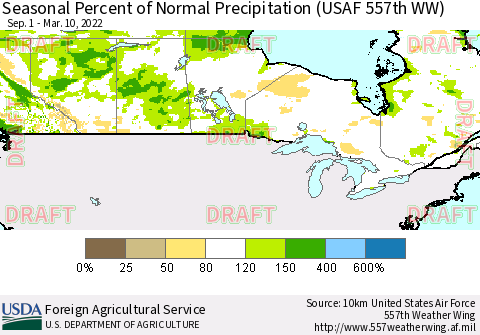 Canada Seasonal Percent of Normal Precipitation (USAF 557th WW) Thematic Map For 9/1/2021 - 3/10/2022