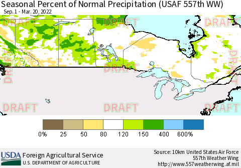 Canada Seasonal Percent of Normal Precipitation (USAF 557th WW) Thematic Map For 9/1/2021 - 3/20/2022