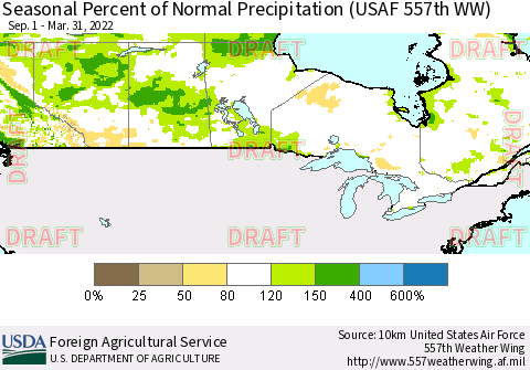 Canada Seasonal Percent of Normal Precipitation (USAF 557th WW) Thematic Map For 9/1/2021 - 3/31/2022