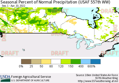 Canada Seasonal Percent of Normal Precipitation (USAF 557th WW) Thematic Map For 9/1/2021 - 4/10/2022